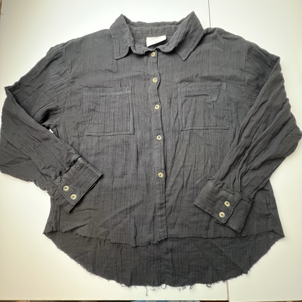 French Laundry Black Textured 3/4  Sleeve 100% Cotton Blouse Raw Edge Blouse Med